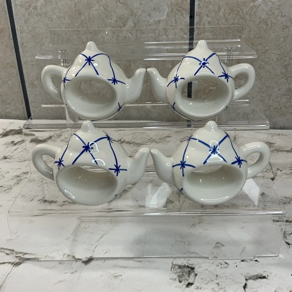 Ceramic Hand Painted White/Blue Teapot Napkin Rings‎ Dinnerware